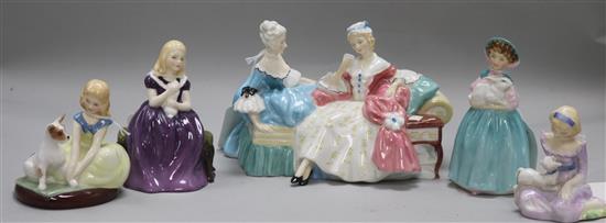 A Royal Doulton figure group, The Love Letter, HN 2149 and four Royal Doulton small figurines,